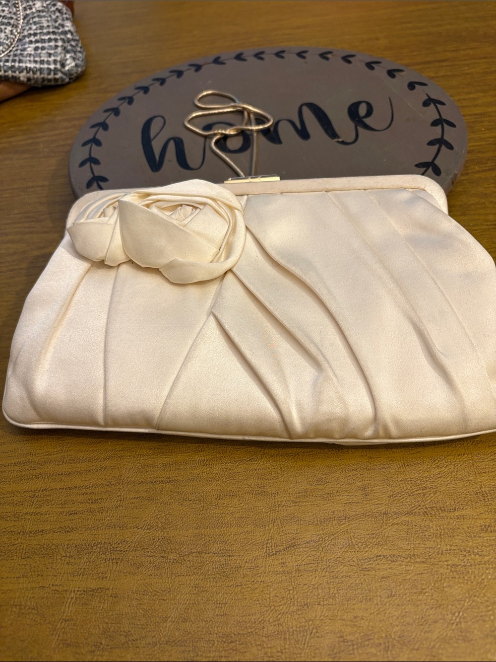 Satin Rose Accent Cream Evening Clutch